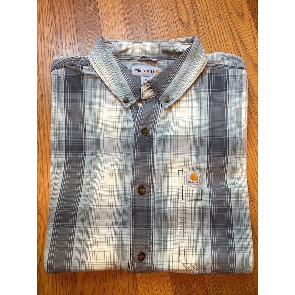 Carhartt XL Short Sleeve Plaid Shirt Gray Blue Relaxed Fit Workwear Outdoor